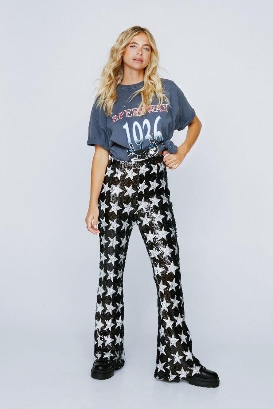Nasty Gal Star Sequin Pants Black White Retro Flare Wide Leg 14